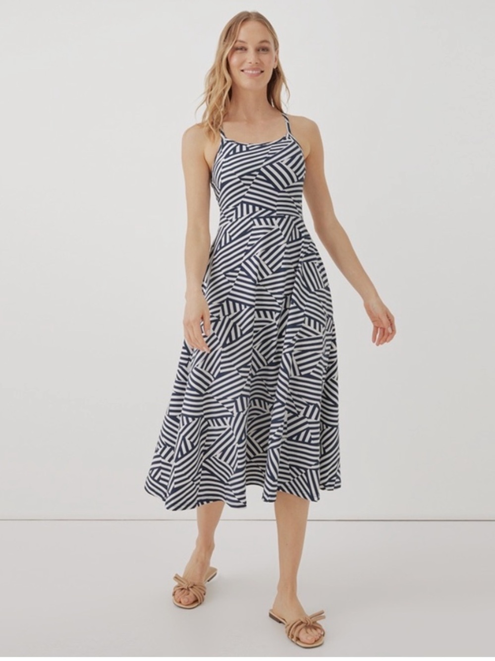 Pact Organic Cotton Fit & Flare Midi Dress Cool Mixed Stripe L Shelf Bra Pockets